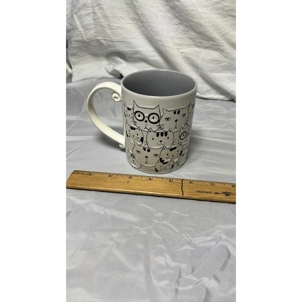 Whimsical Black and White Illustrated Cat Faces Ceramic Coffee Mug 4.5in